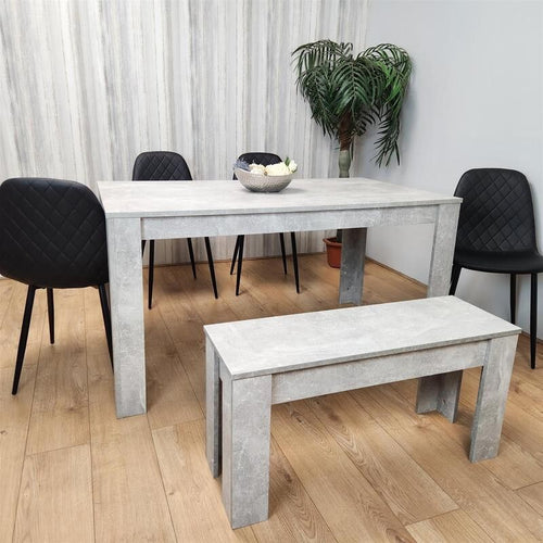 6 Seater Dining Table Set with Bench Grey Stone Effect Wood & Black Chairs