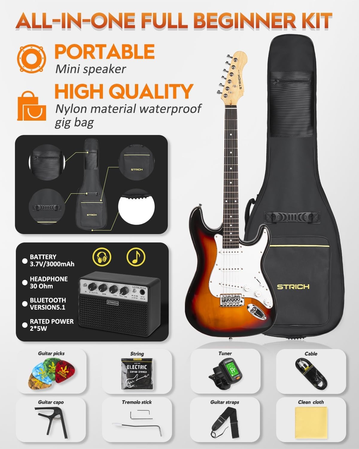 39" Electric Guitar Starter Kit SSS Full Size with 10W Amp Sunburst