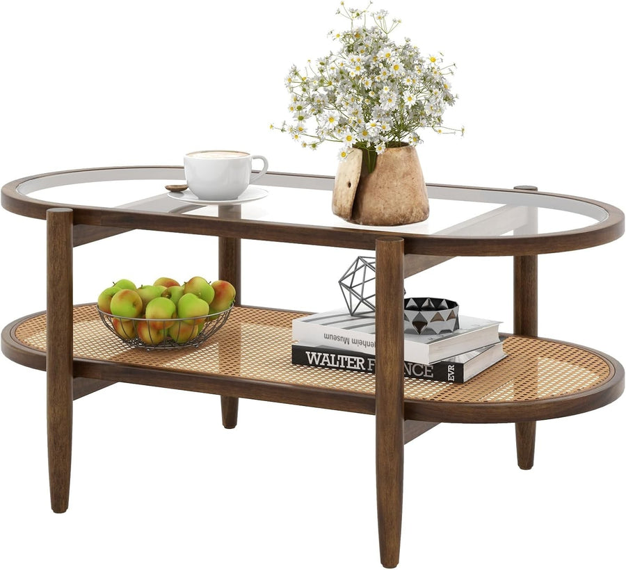 Glass Coffee Table with Rattan Shelf, 2-Tier Wood Frame, 102x56x46cm
