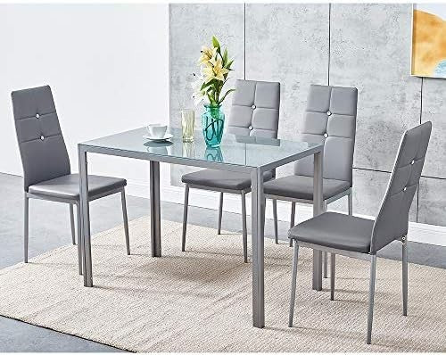 Modern Grey Glass 105x60cm Dining Table Set with 4 Faux Leather Chairs