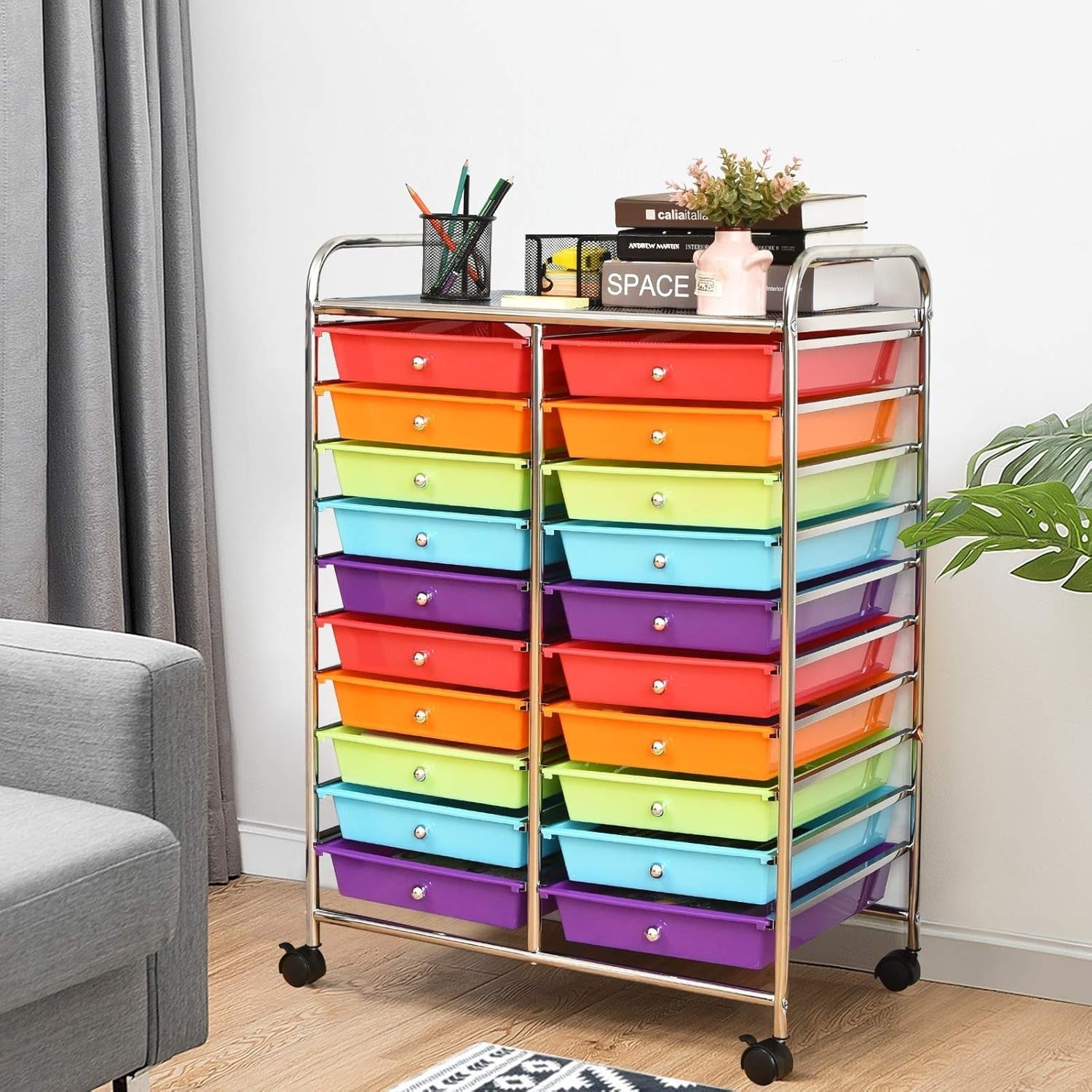 Multicolor 20 Drawer Rolling Storage Trolley Utility Organizer Cart