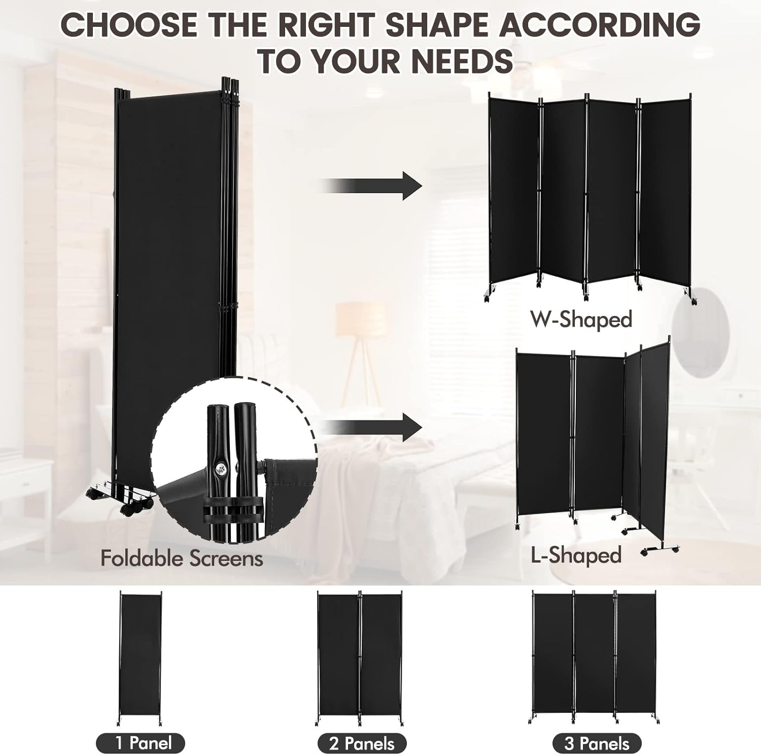 4 Panel Black Folding Room Divider Privacy Screen on Wheels for Home Office