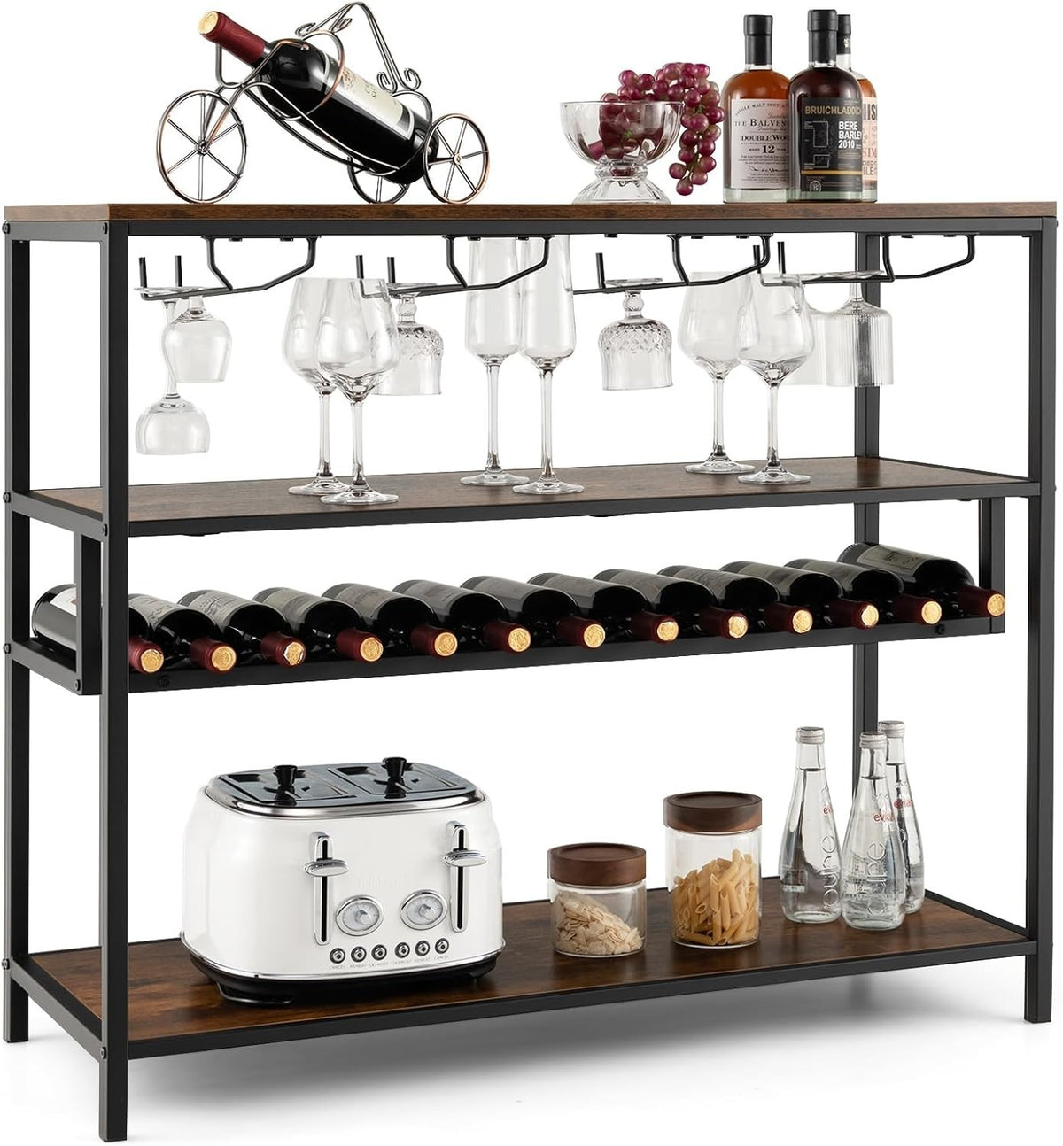 4-Tier Wine Rack Bar Table with Glass Holder, Rustic Shelving Unit 102x40x87cm