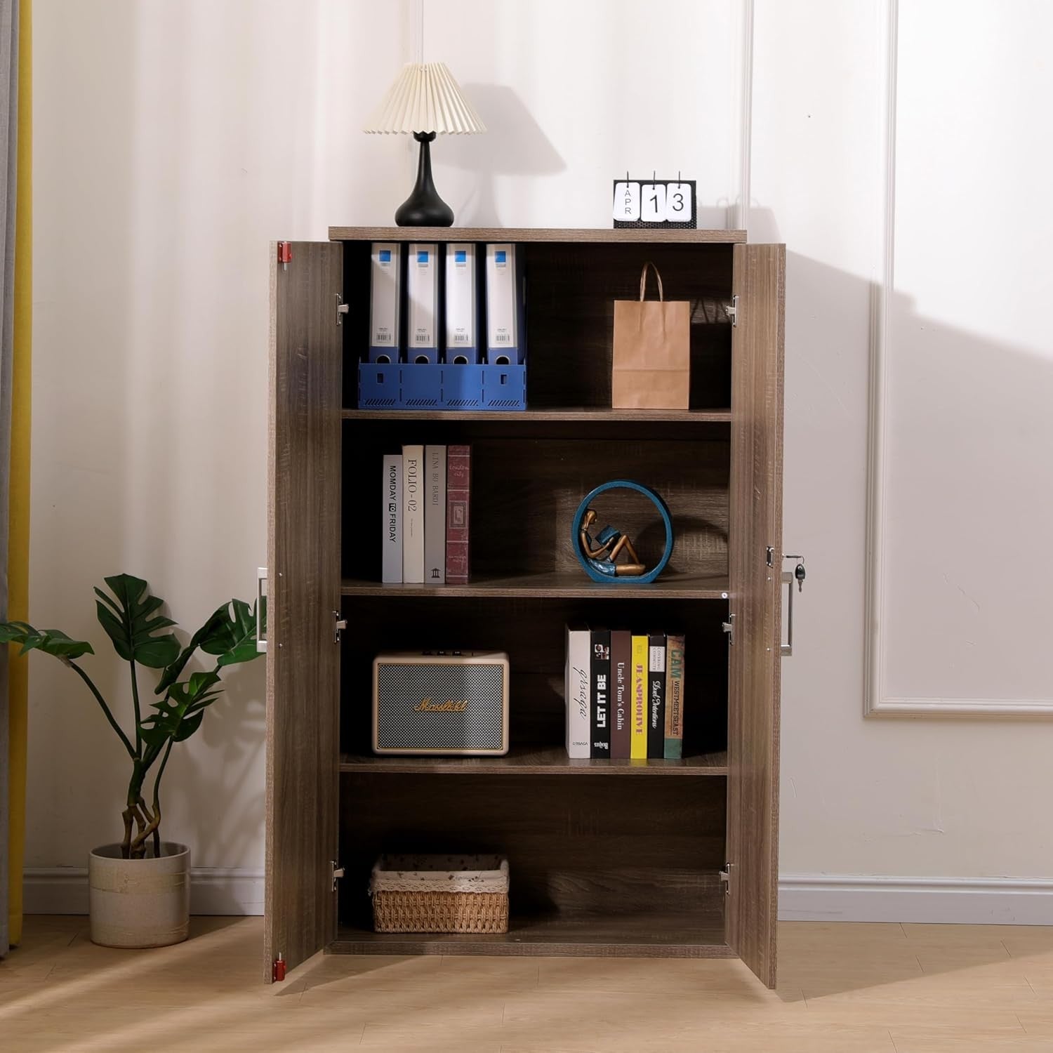 Tall Dark Oak Office Storage Cabinet Lockable 2 Door Cupboard 3 Shelves