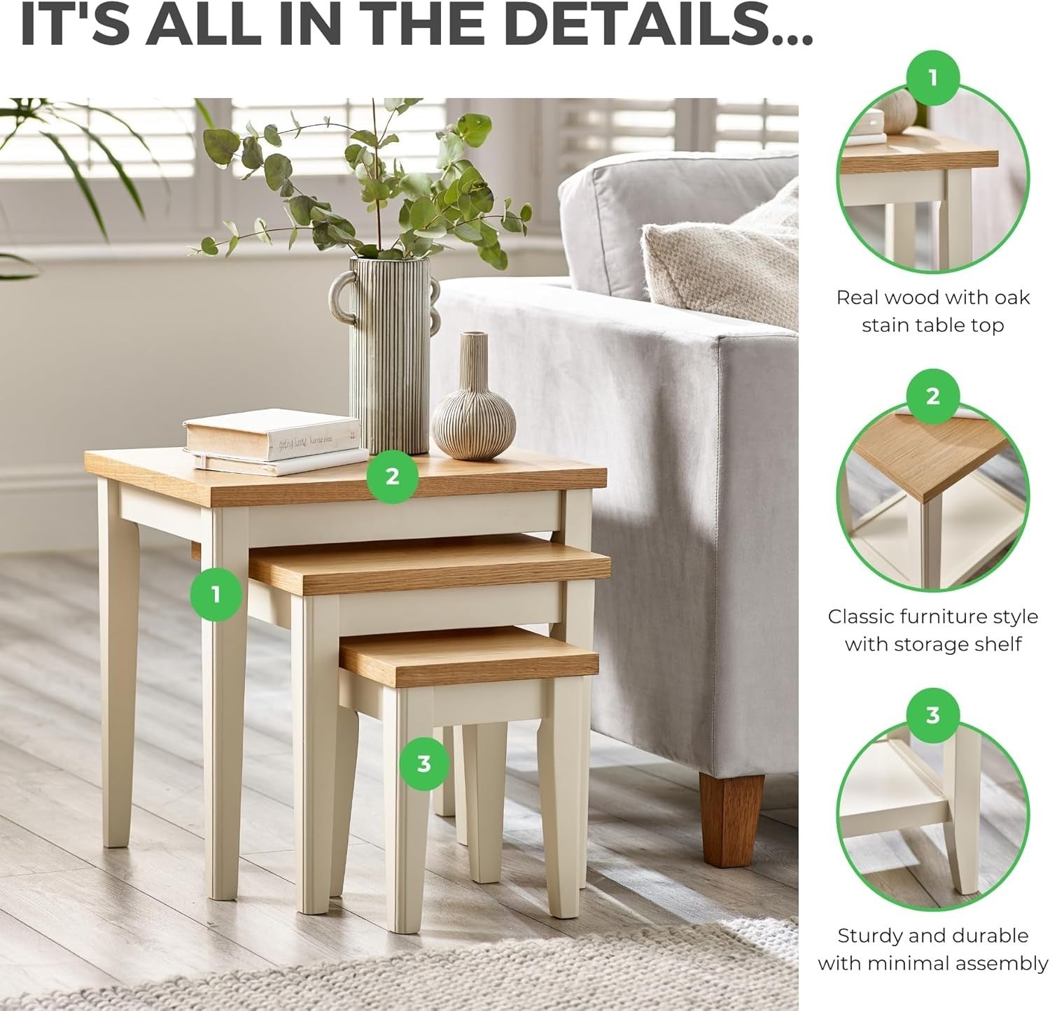 Nest of 3 Solid Wood Nesting Tables Modern Oak Veneer Side End Coffee Set