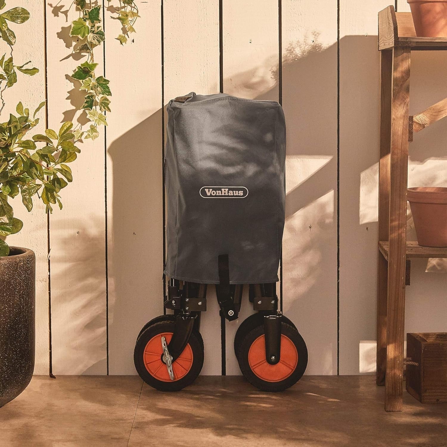 Collapsible Garden Cart Wagon 70kg Load Steel Frame Telescopic Handle w/ Brakes