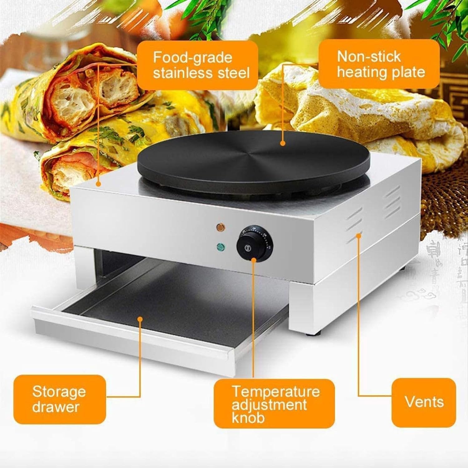 400mm Electric Crepe Maker 2800W Non Stick Cast Iron Griddle Set
