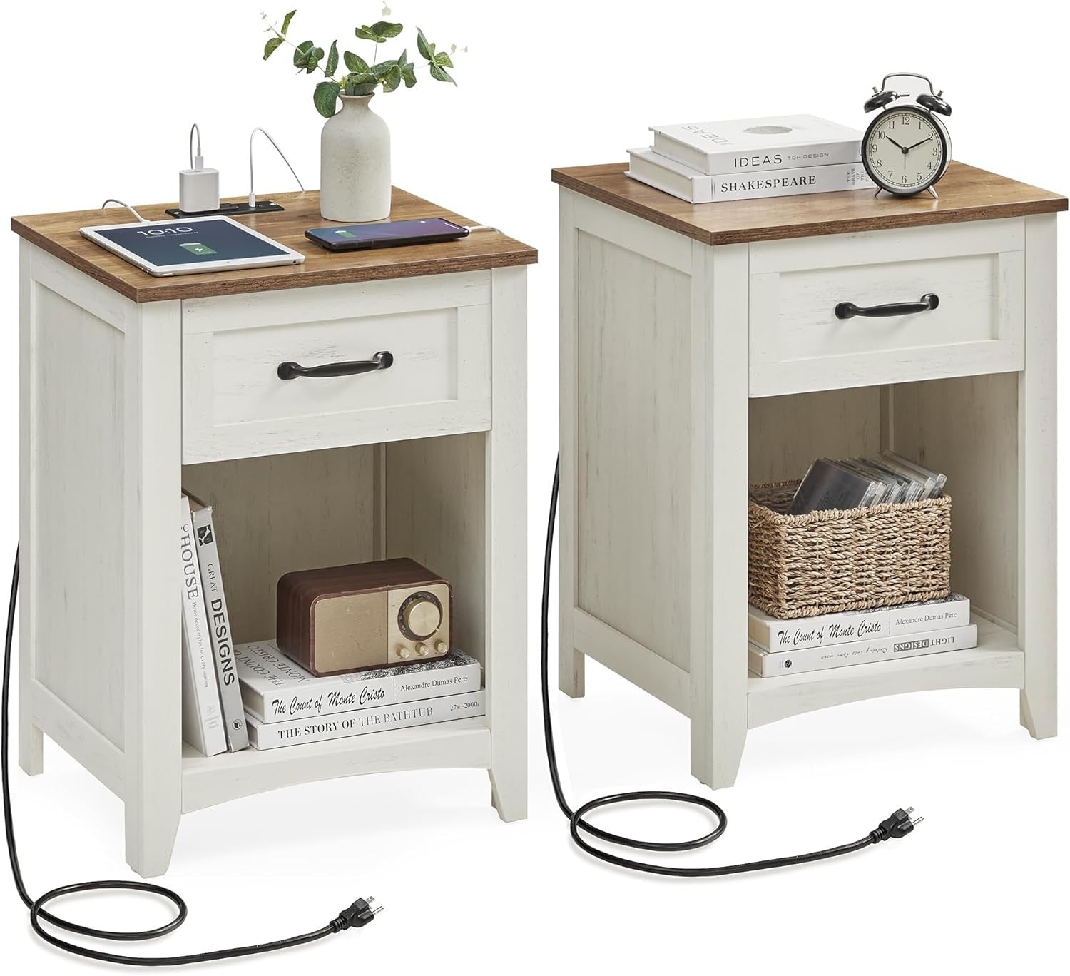 Farmhouse Bedside Tables Set of 2 with Drawer & Charging Station, Rustic White