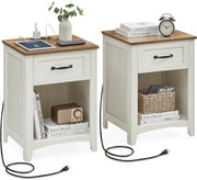 Farmhouse Bedside Tables Set of 2 with Drawer & Charging Station, Rustic White
