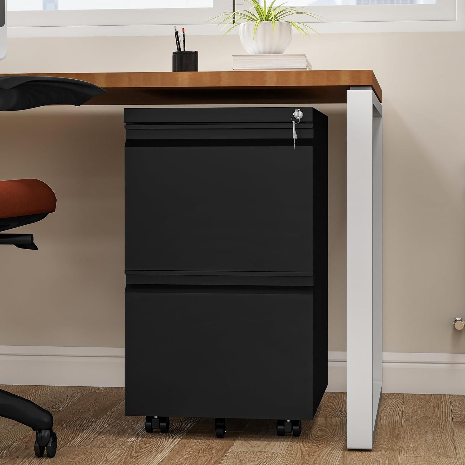 Black Mobile Filing Cabinet 2 Drawer Lockable Anti Tip Under Desk