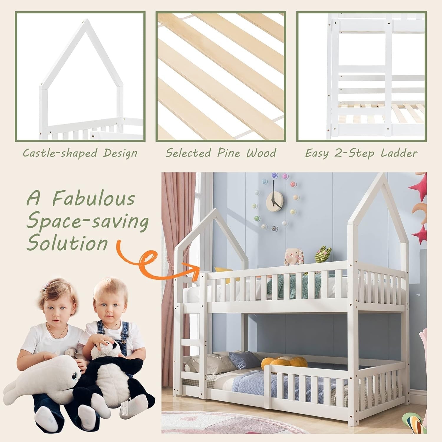 Castle Kids Bunk Bed with Ladder – Solid Wood Frame, 3FT Twin Sleeper