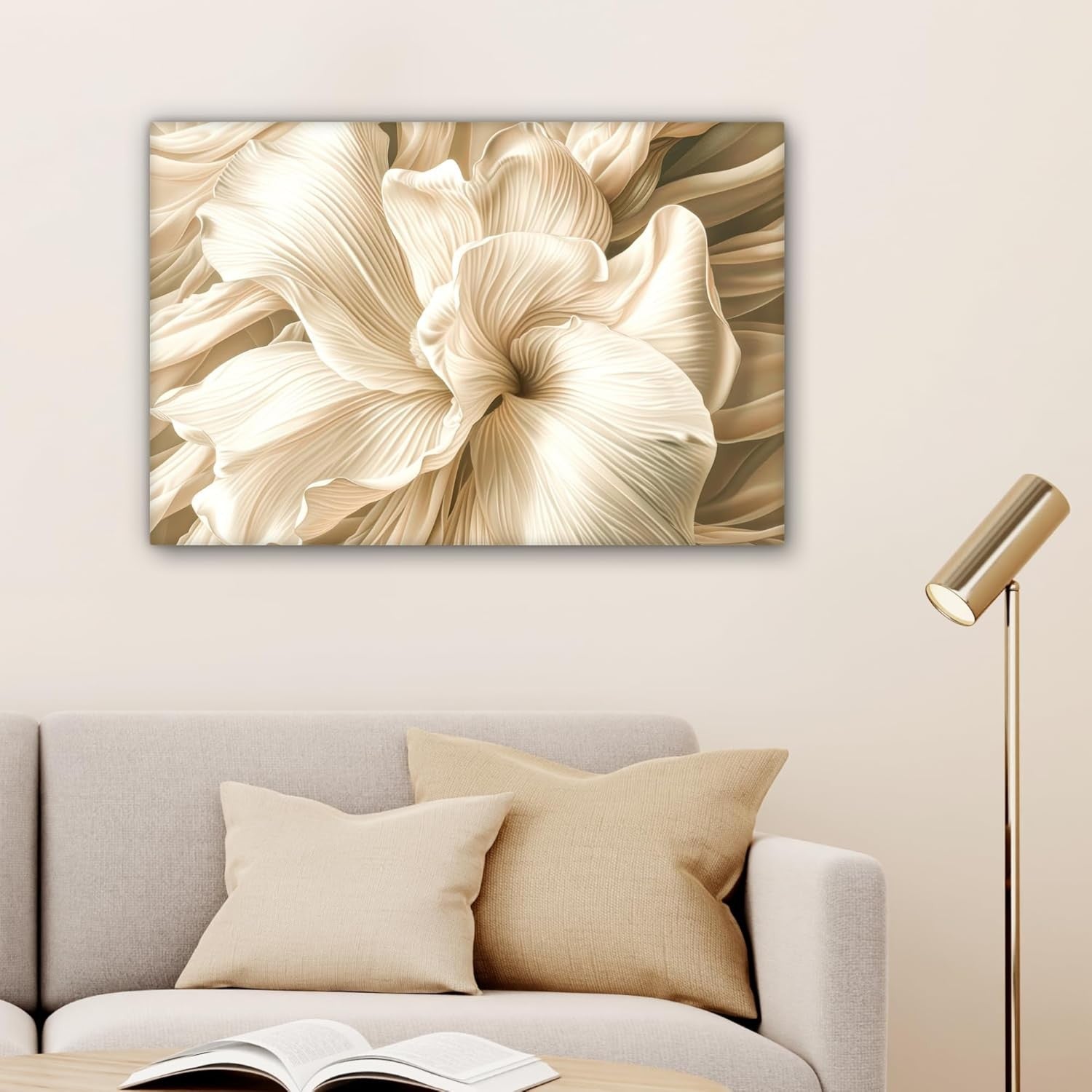 Beige Flower Canvas Wall Art 60x40cm Framed Modern Floral