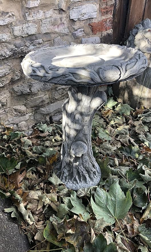 Solid Concrete Bird Bath – Tree Stump Base Heavy Garden Ornament Outdoor Feeder