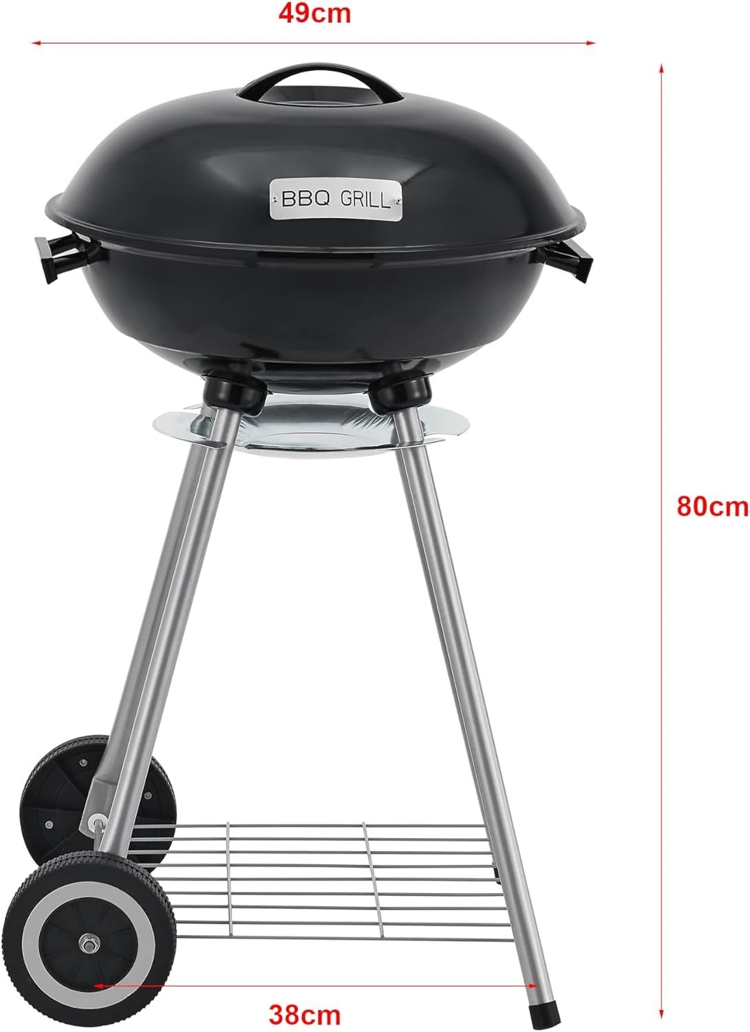 Outdoor Charcoal BBQ Kettle Grill 80x49x47cm with Lid Wheels Garden Patio