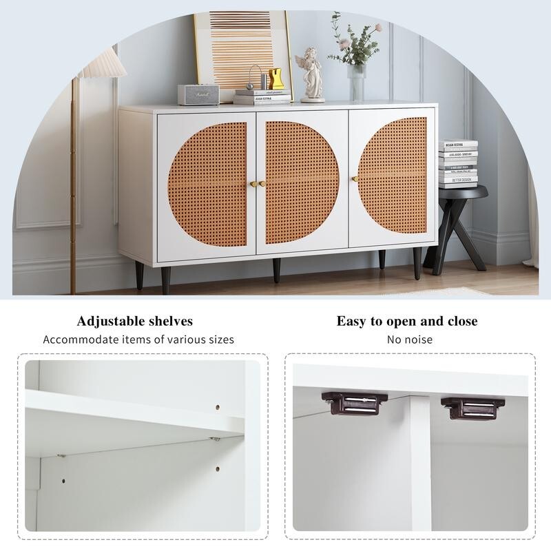 White Rattan Sideboard Cabinet 3 Door Storage Unit Adjustable Shelf Modern
