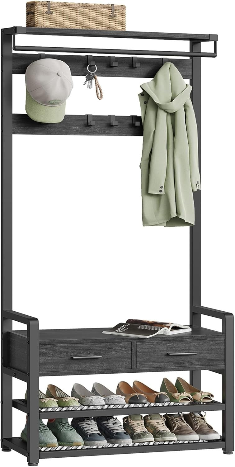 Grey Hall Tree Coat Rack with Bench & Shoe Storage 80x30x181cm