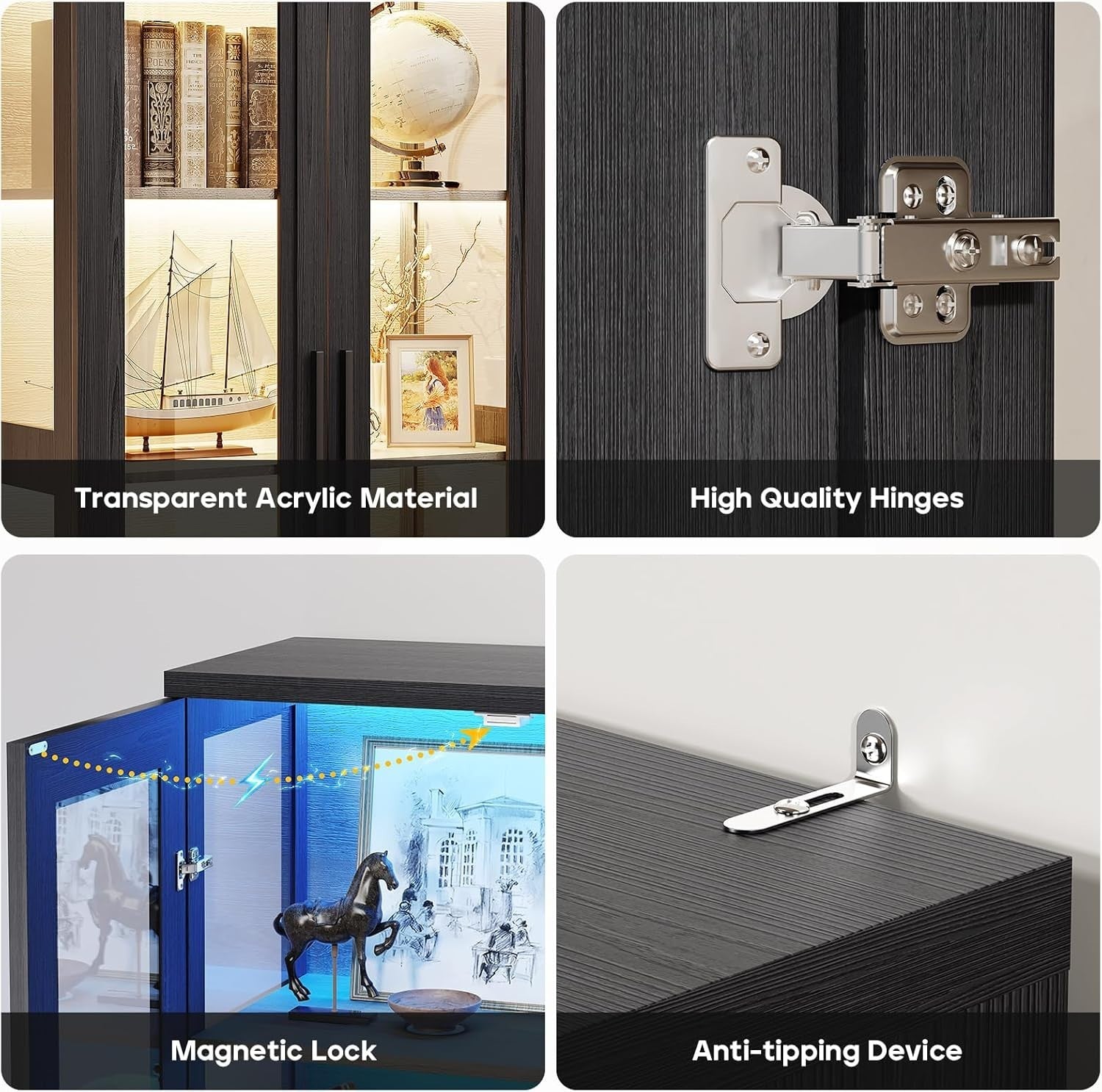 LED Display Cabinet Glass Doors Bookshelf with Storage 3-Color Lights