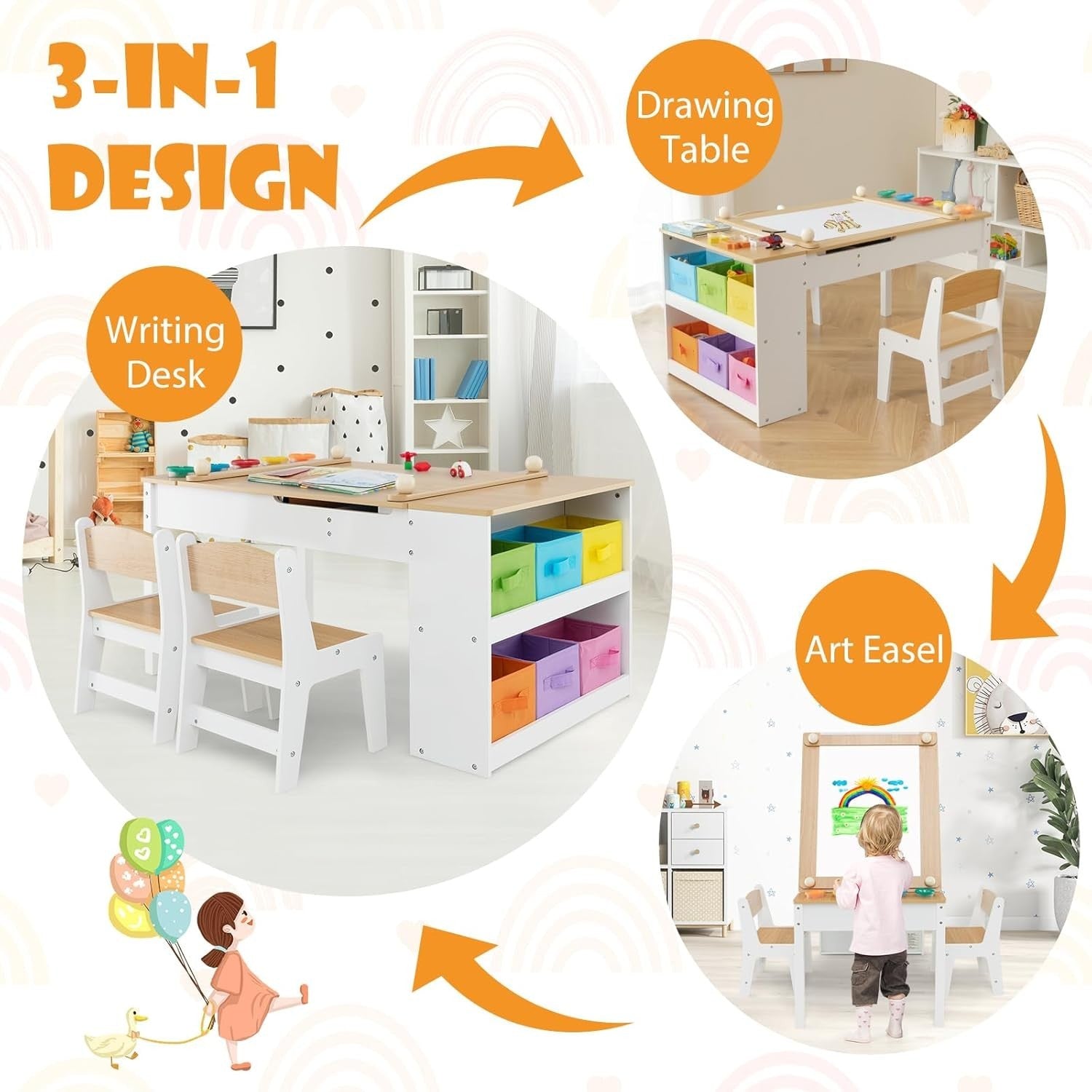 Kids Art Table and Chairs Set with Storage Box Paper Roller Drawing Desk 5 Cups