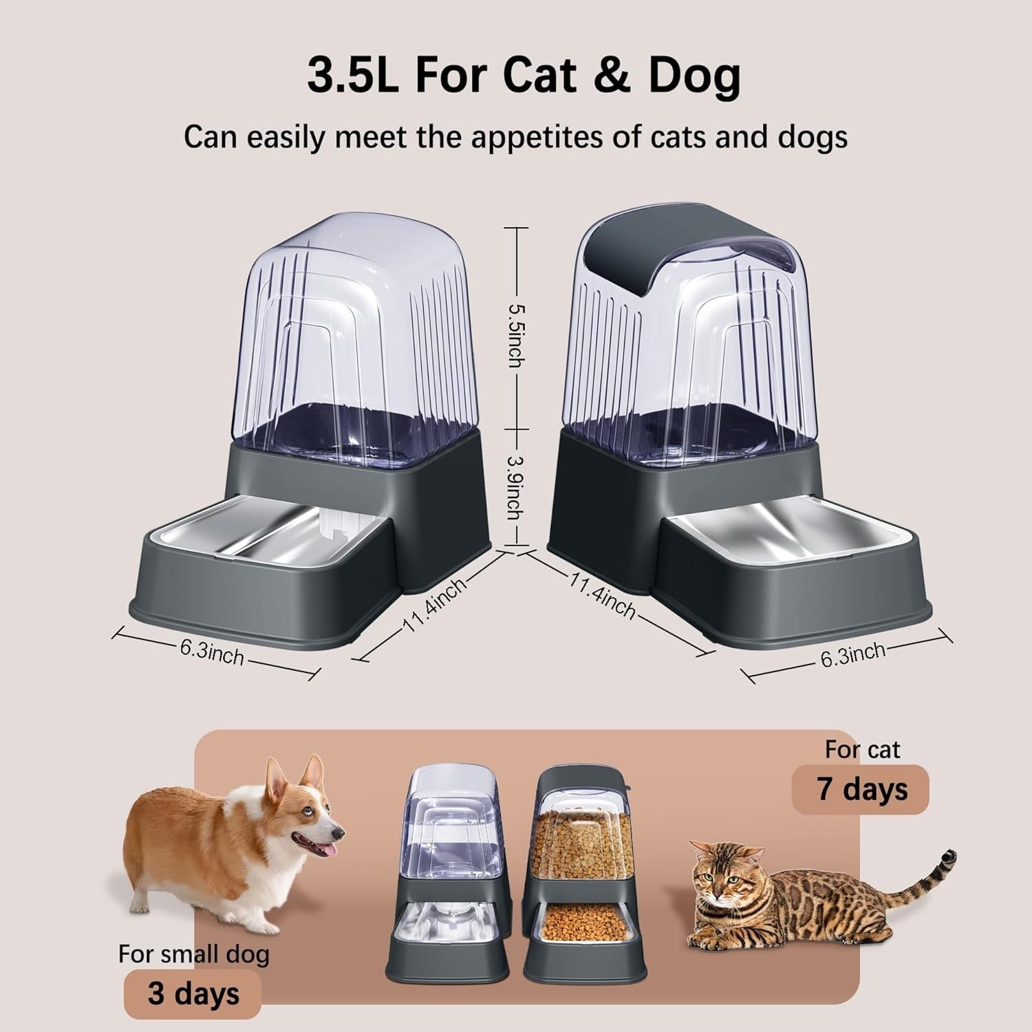 3.5L Automatic Pet Feeder Water Dispenser Set Stainless Steel Bowls