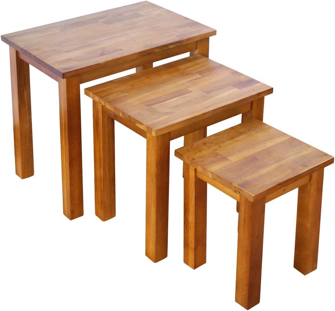 Nest of 3 Rustic Oak Wood Side End Tables Coffee Lamp Set Rectangular Easy Assem