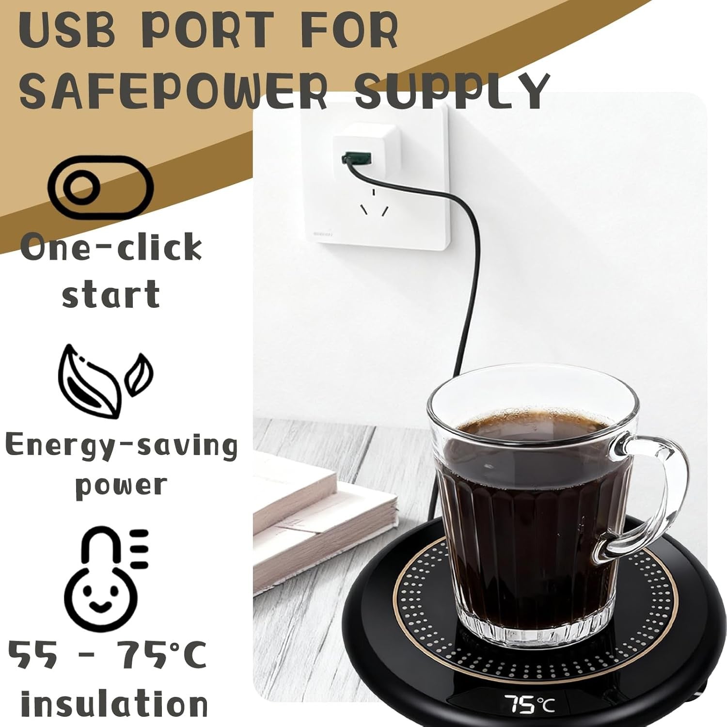 USB Coffee Mug Warmer 3 Temp 8H Auto Shut Off Desk Heater