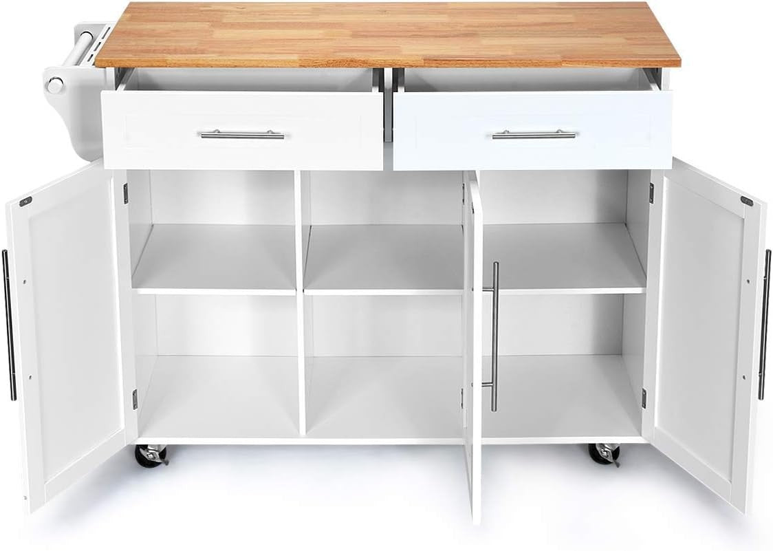 Kitchen Island Cart with Drawers Cabinets Lockable Wheels Solid Wood Top
