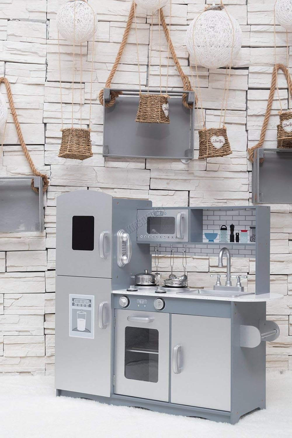 Wooden Kids Play Kitchen Pretend Cooking Role Play Toy Set Grey