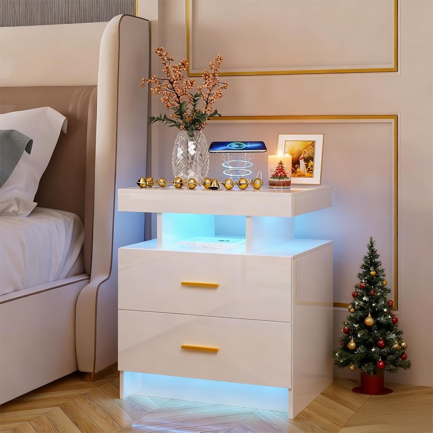 White LED Bedside Table Wireless Charging, Glass Top & 2 Drawers Modern