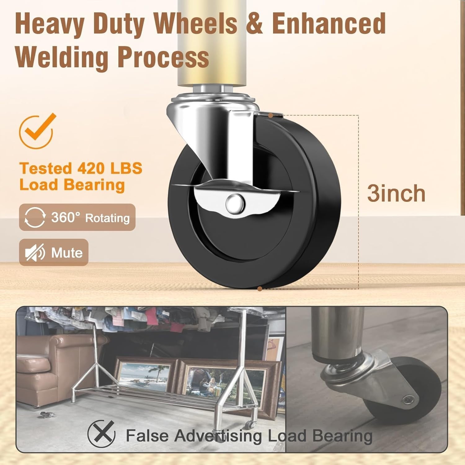 Gold Heavy Duty 180KG Clothes Rail With Wheels Metal Rack