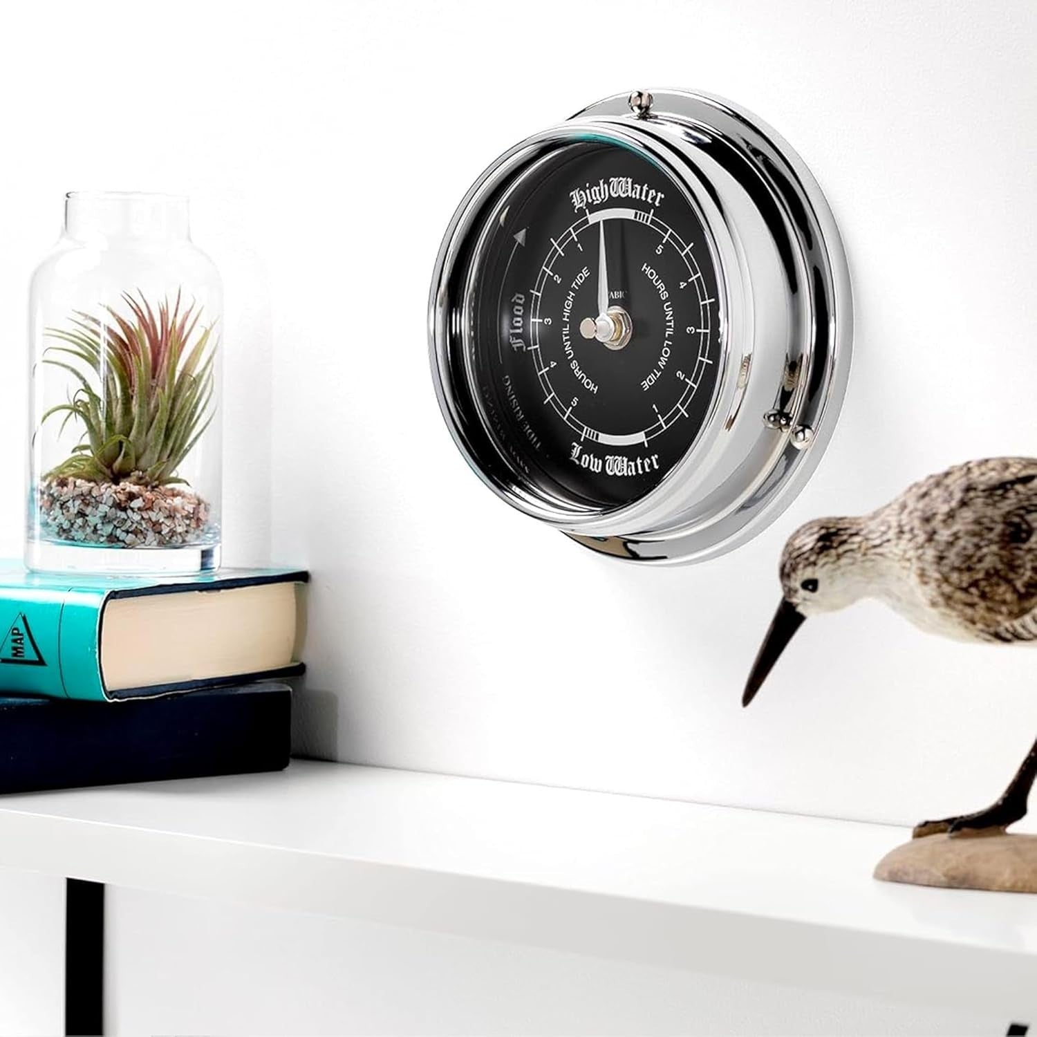 Ocean Tide Clock Silent Analog Wall-Mount, Chrome Plated, Coastal Decor
