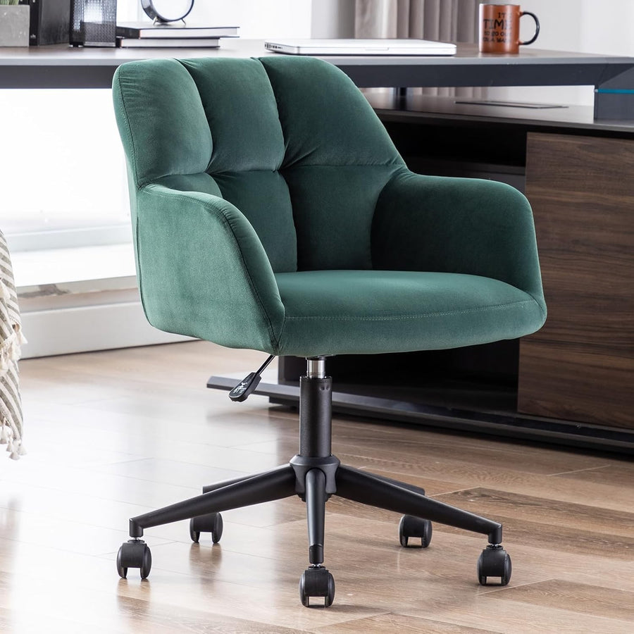 Green Velvet Office Chair Swivel Desk Chair Padded Seat Solid Back Home Study