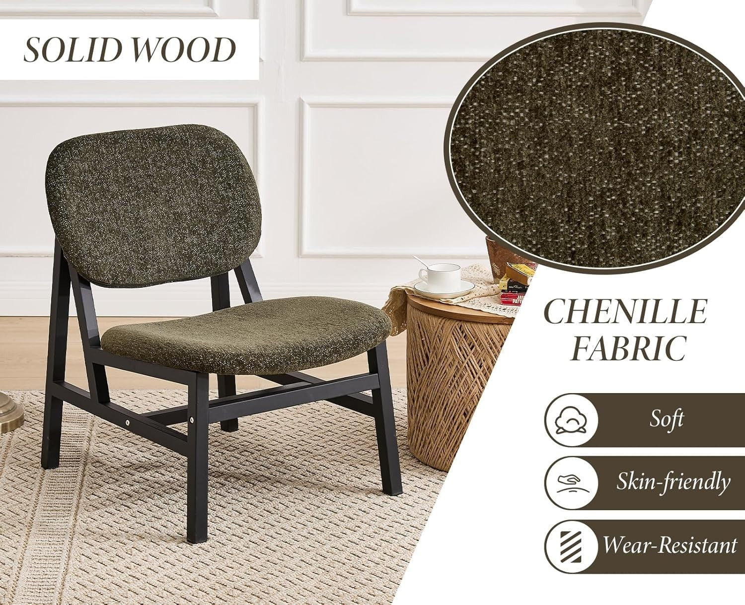 Retro Chenille Accent Chair Green Lounge Armchair for Living Room Home