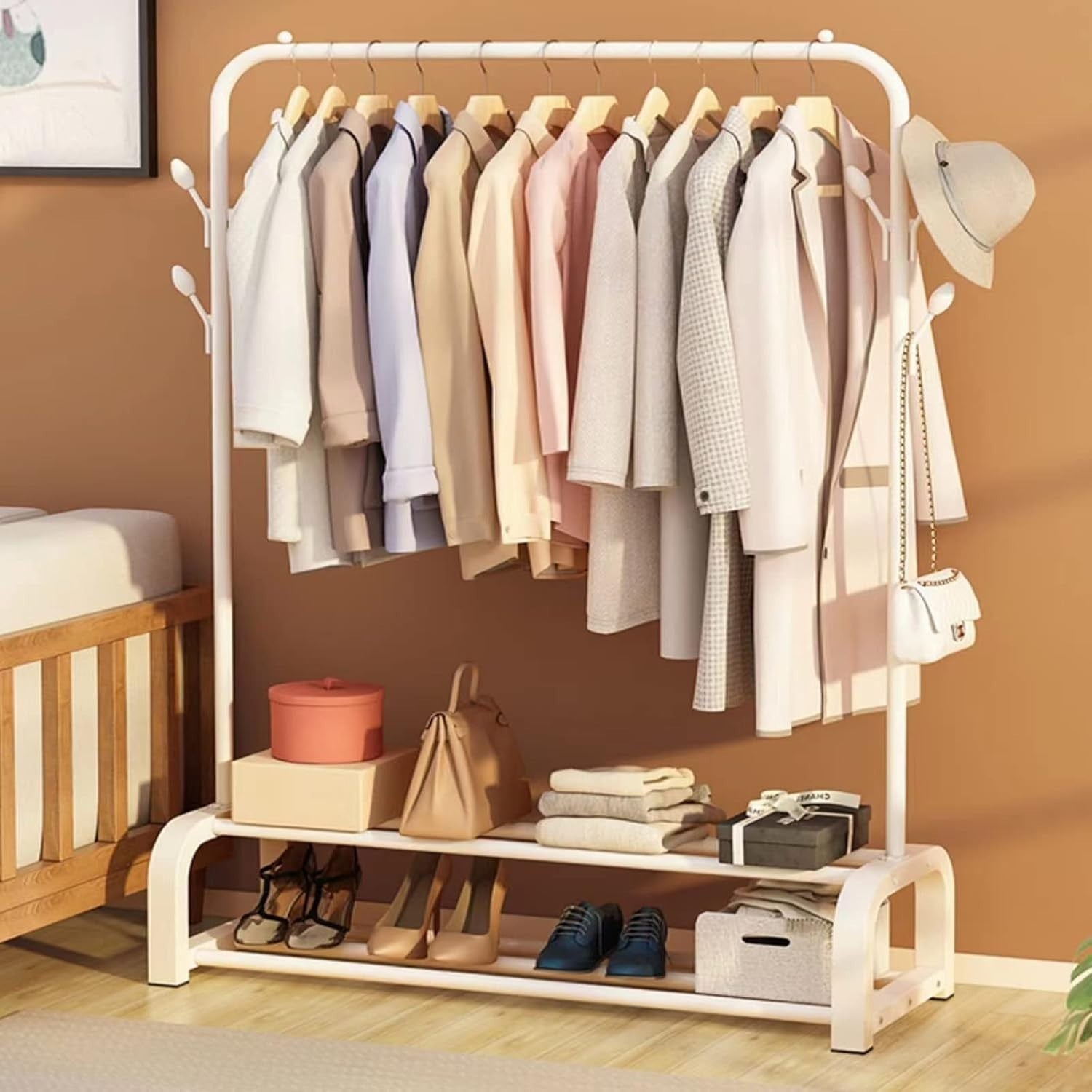 Heavy Duty Clothes Rail with 8 Hooks & Double Shoe Rack – White