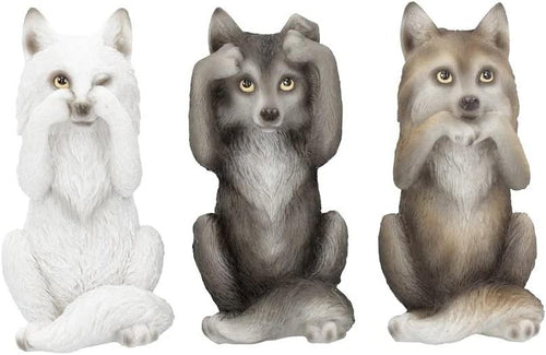 Three Wise Wolf Figurines Resin 10cm Grey Woodland Ornament Gift Home Decor