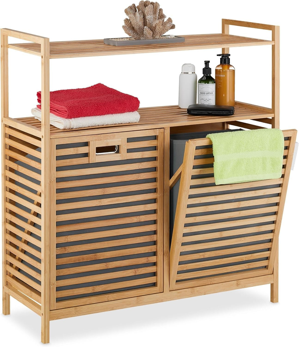Bamboo Laundry Basket with Shelves 2 Tilt Bins 40L Bathroom Storage Unit 95x88cm