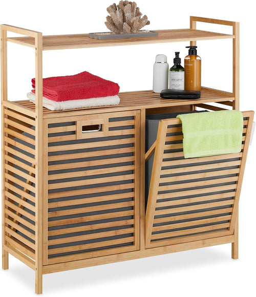 Bamboo Laundry Basket with Shelves 2 Tilt Bins 40L Bathroom Storage Unit 95x88cm
