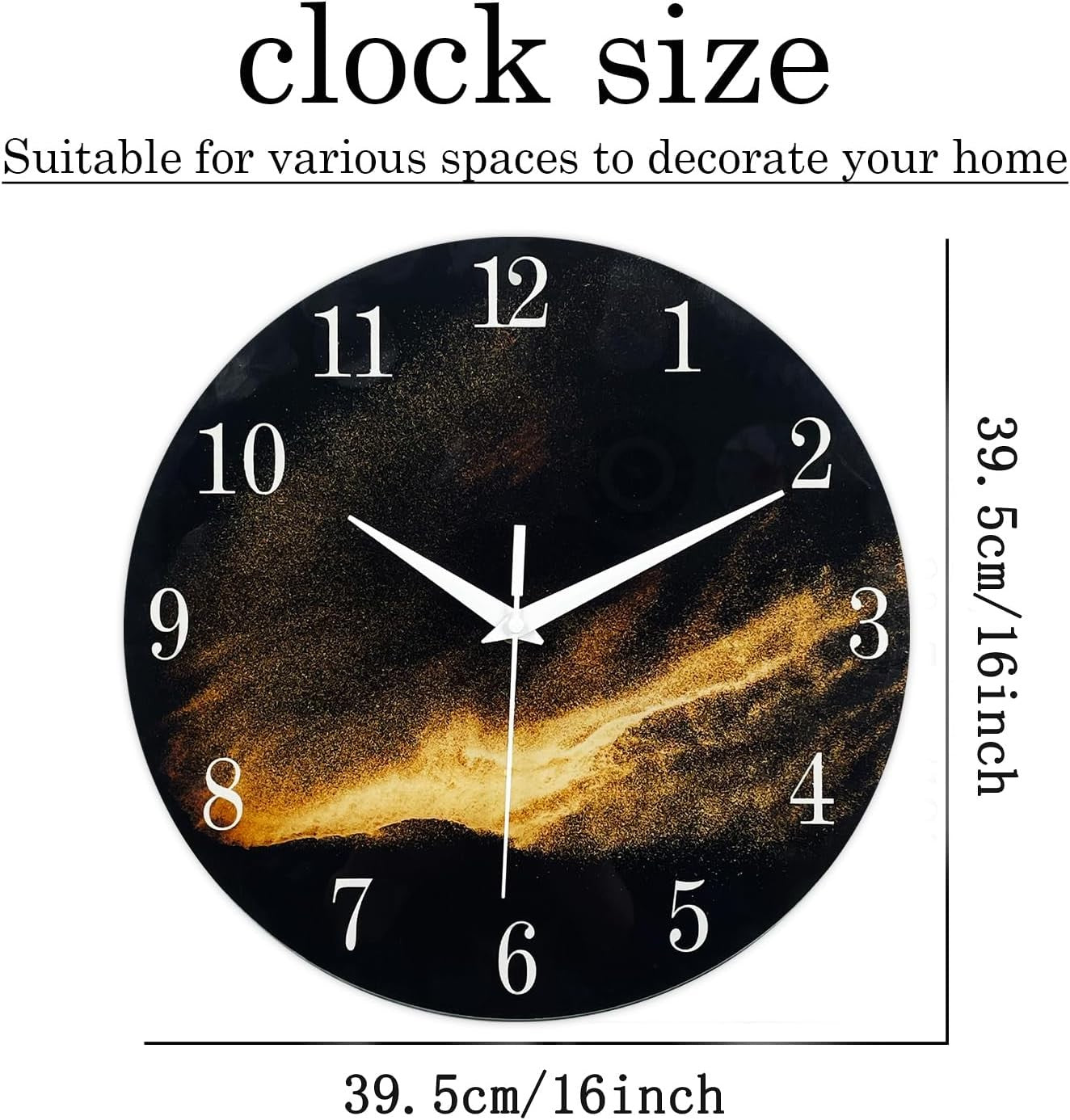 Large 16" Black Gold Glass Wall Clock Modern Silent Non-Ticking Home Decor