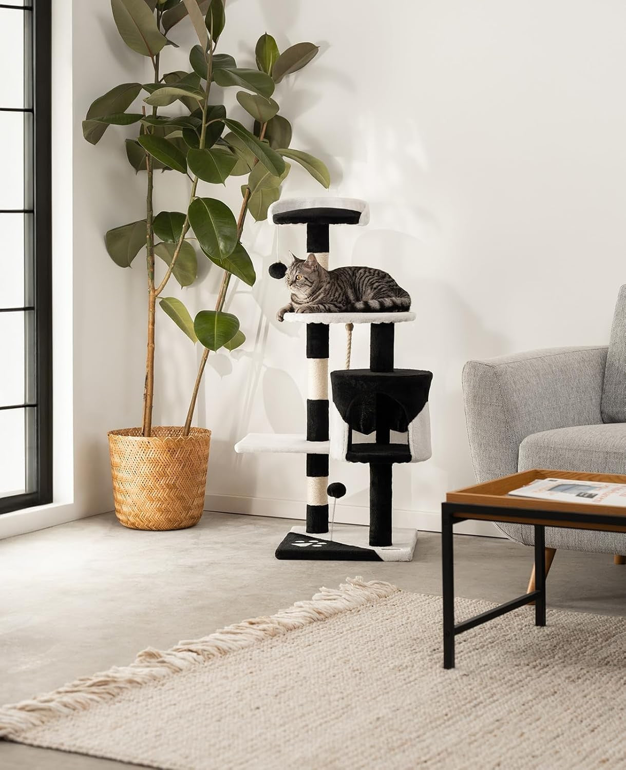 Cat Tree Scratching Post Tower 112cm with Condo Sisal Rope Black White