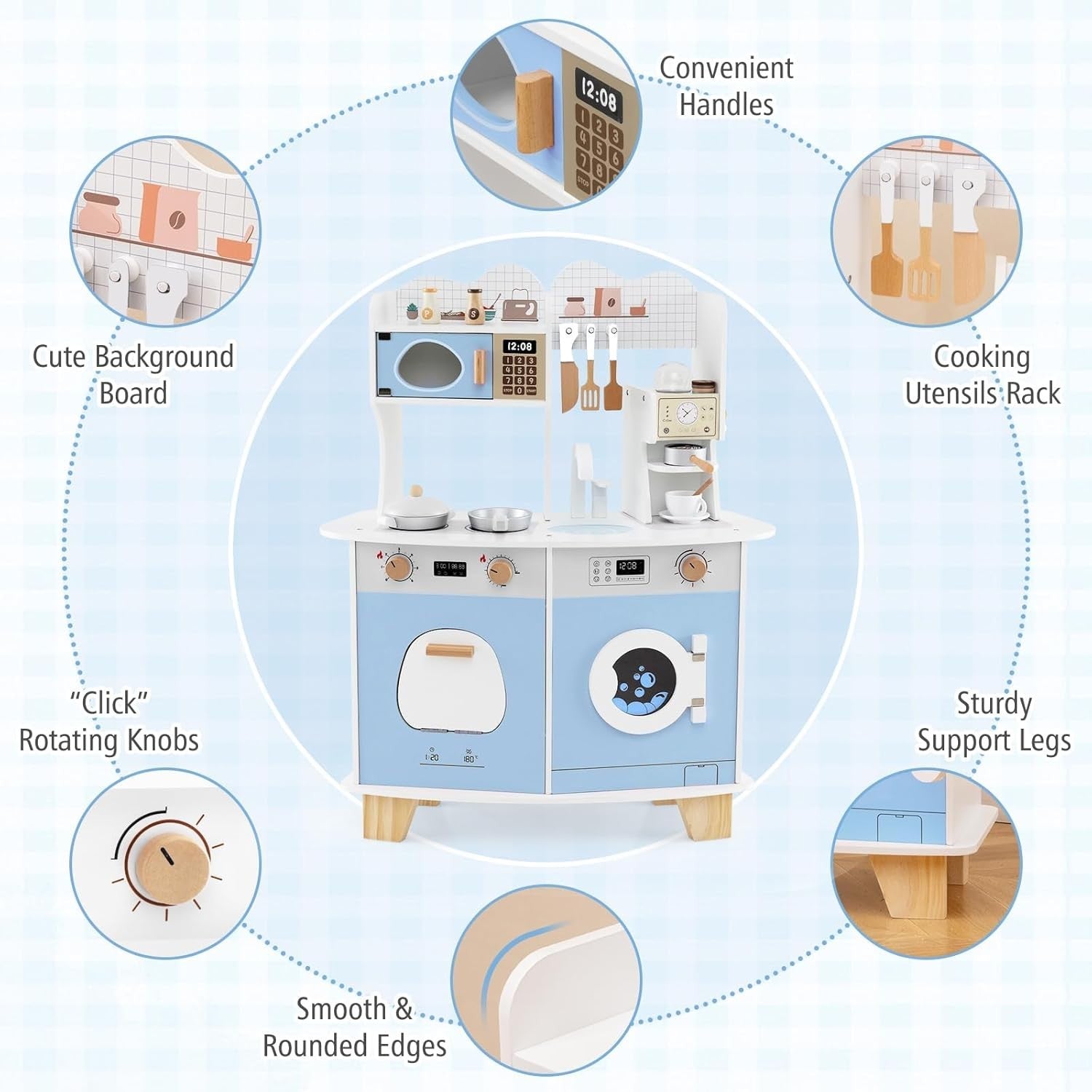 Kids Wooden Play Kitchen w/ Coffee Maker Microwave Blue Toy