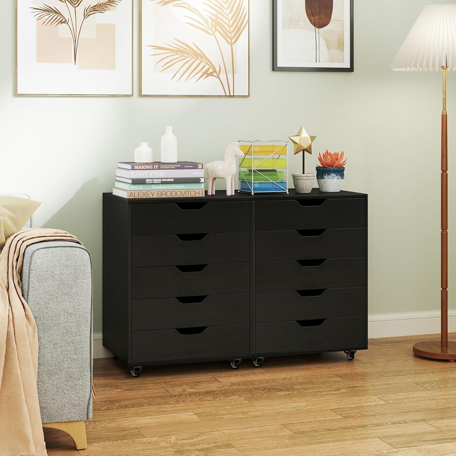 Black Mobile Filing Cabinet 5 Drawer Storage Unit with Wheels for Home Office