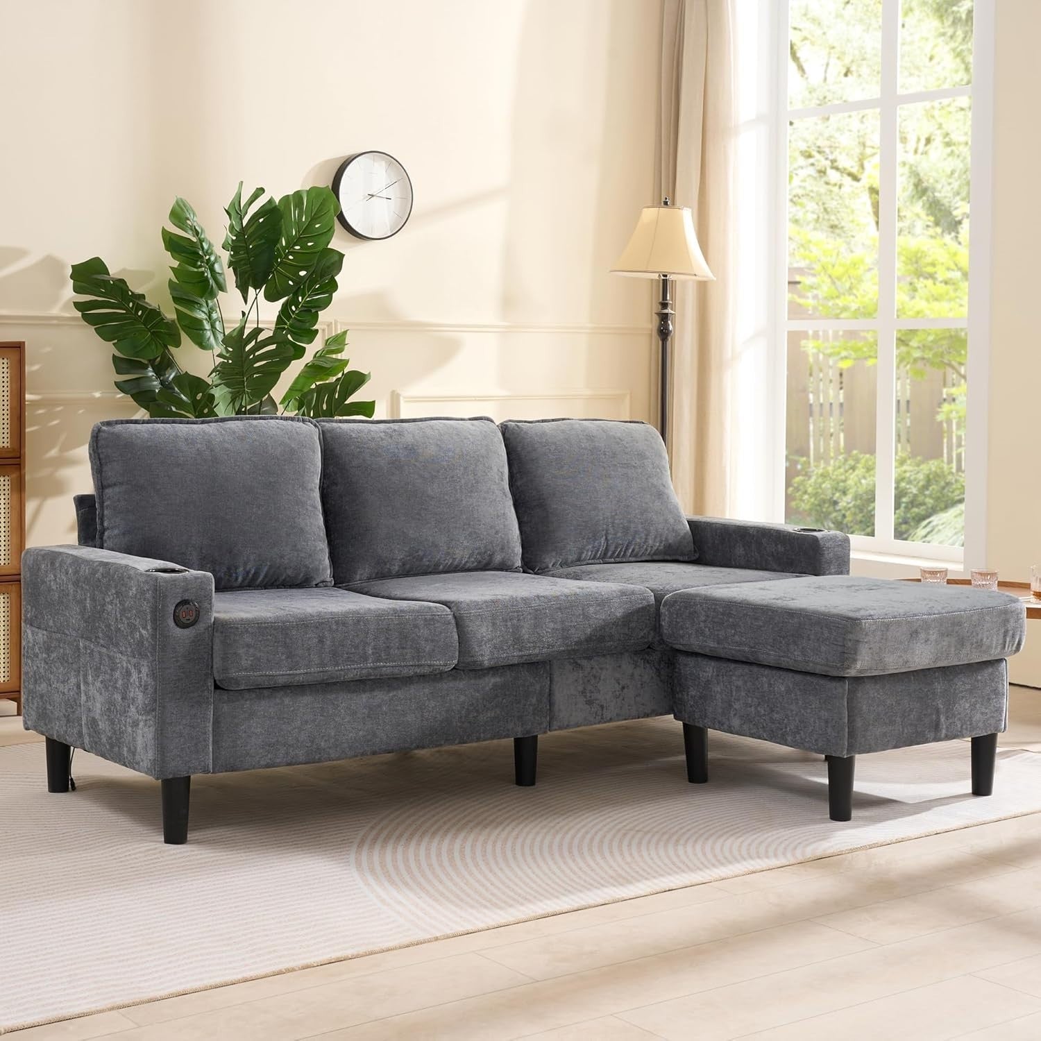 L-Shaped Corner Sofa Bed 3 Seater Grey with USB, Cup Holders, Storage