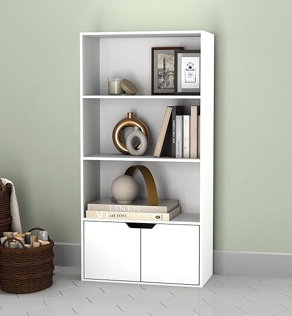 Modern White 4-Tier Wide Bookcase with Double Door Cupboard – Shelf Storage Unit