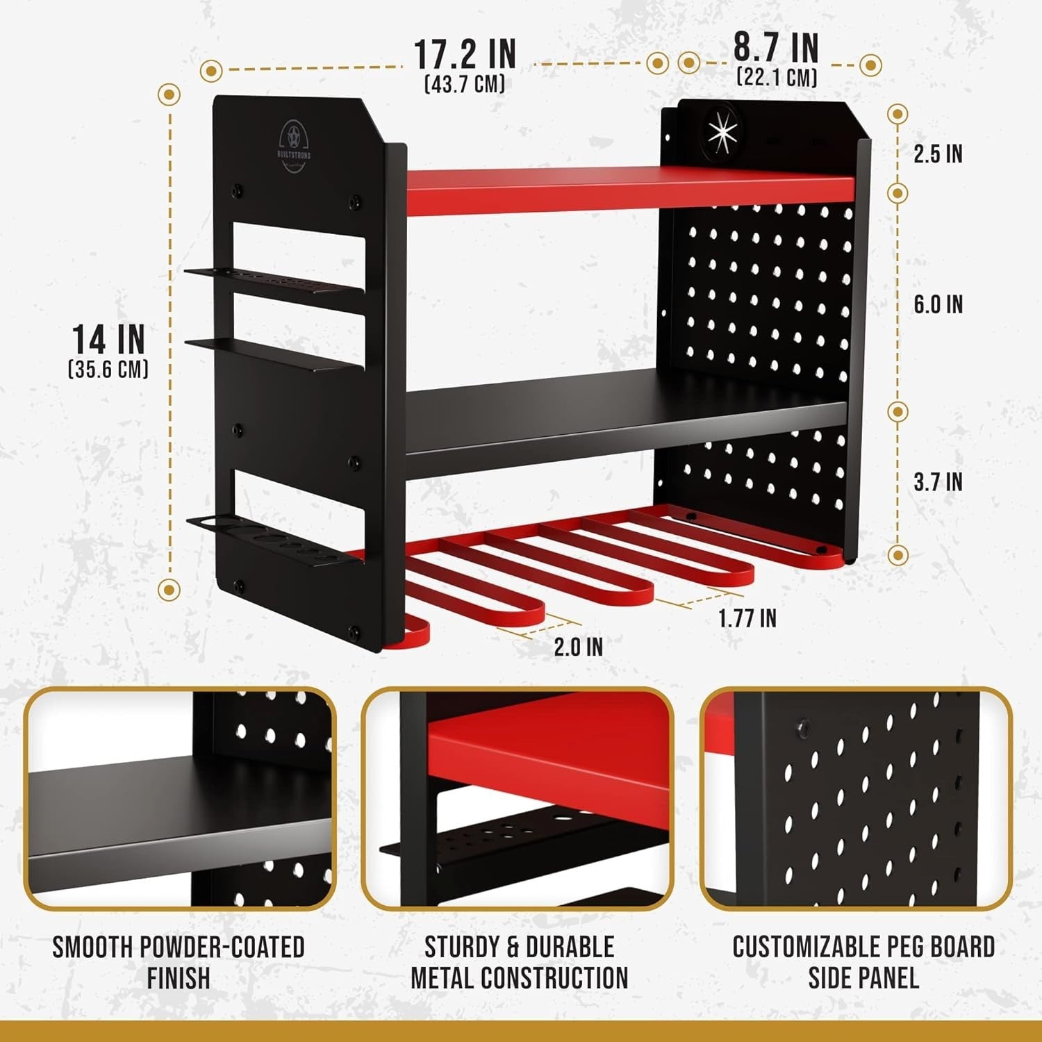 Heavy-Duty 3-Tier Red Tool Rack 43.7W x 22.1D x 35.6H cm – Garage Organizer