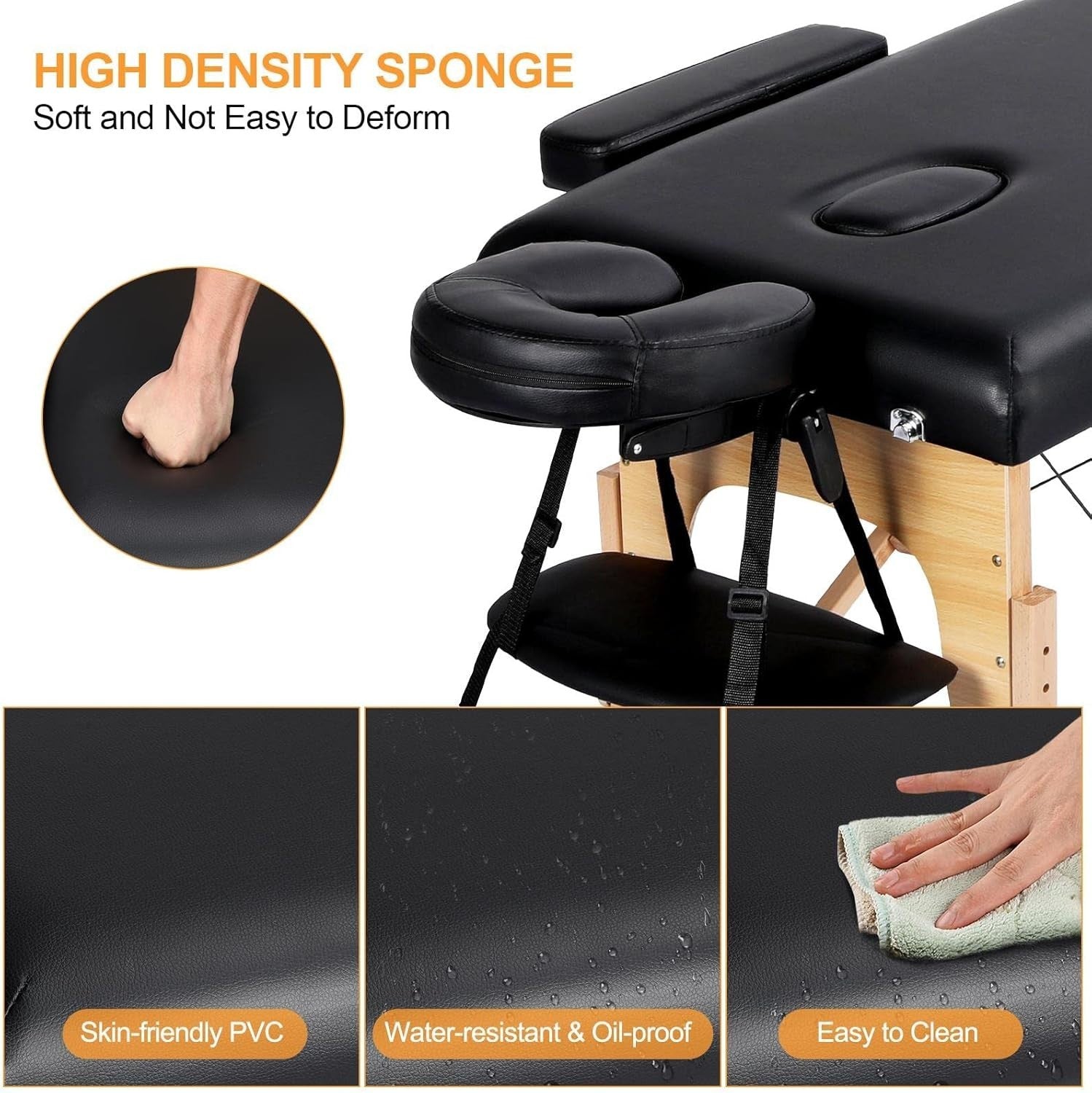 60cm Portable Massage Table | Foldable Wooden Lash Beauty Bed 2-Section Black