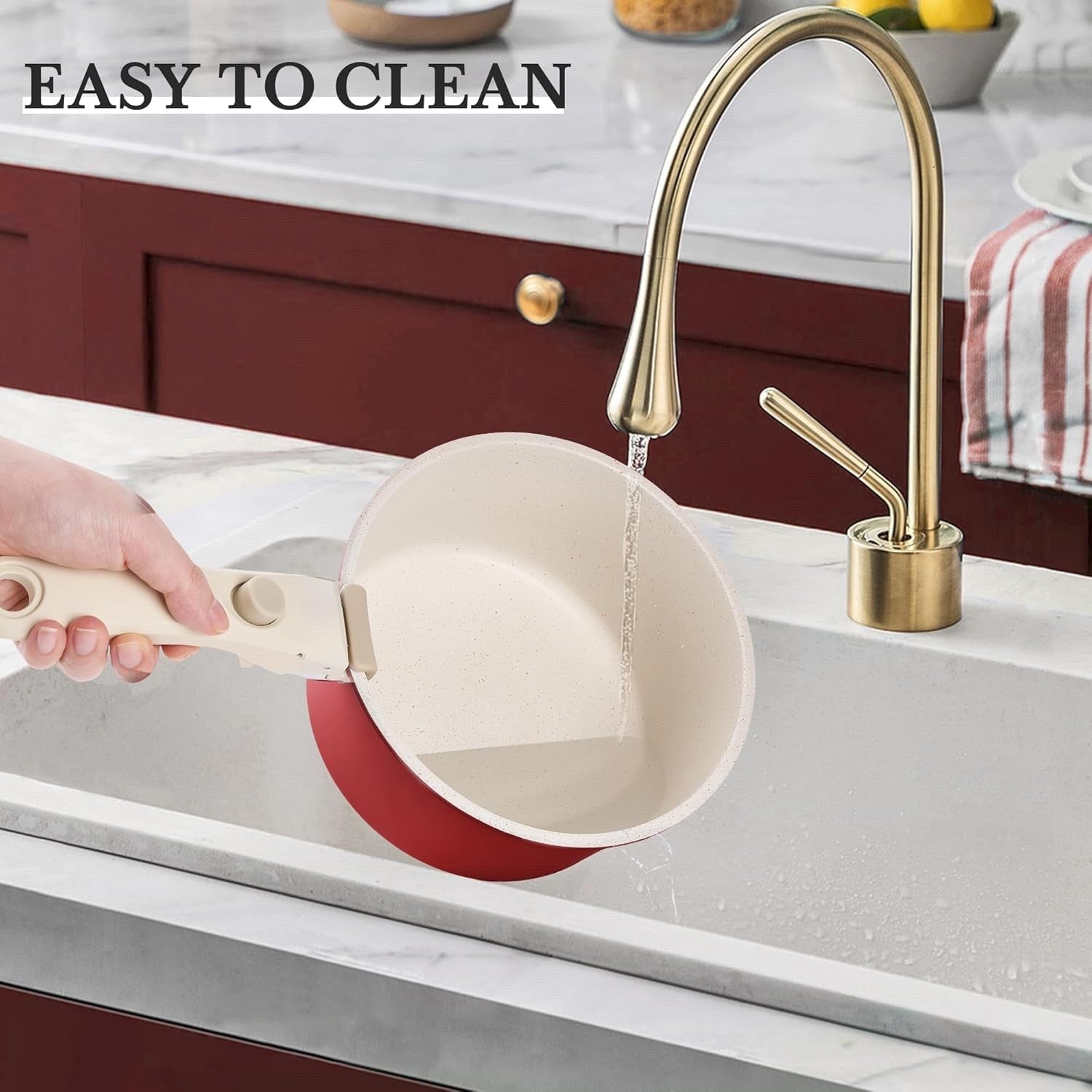 5Pcs Red Pots Pans Set with Glass Lids & Detachable Handle Induction Safe