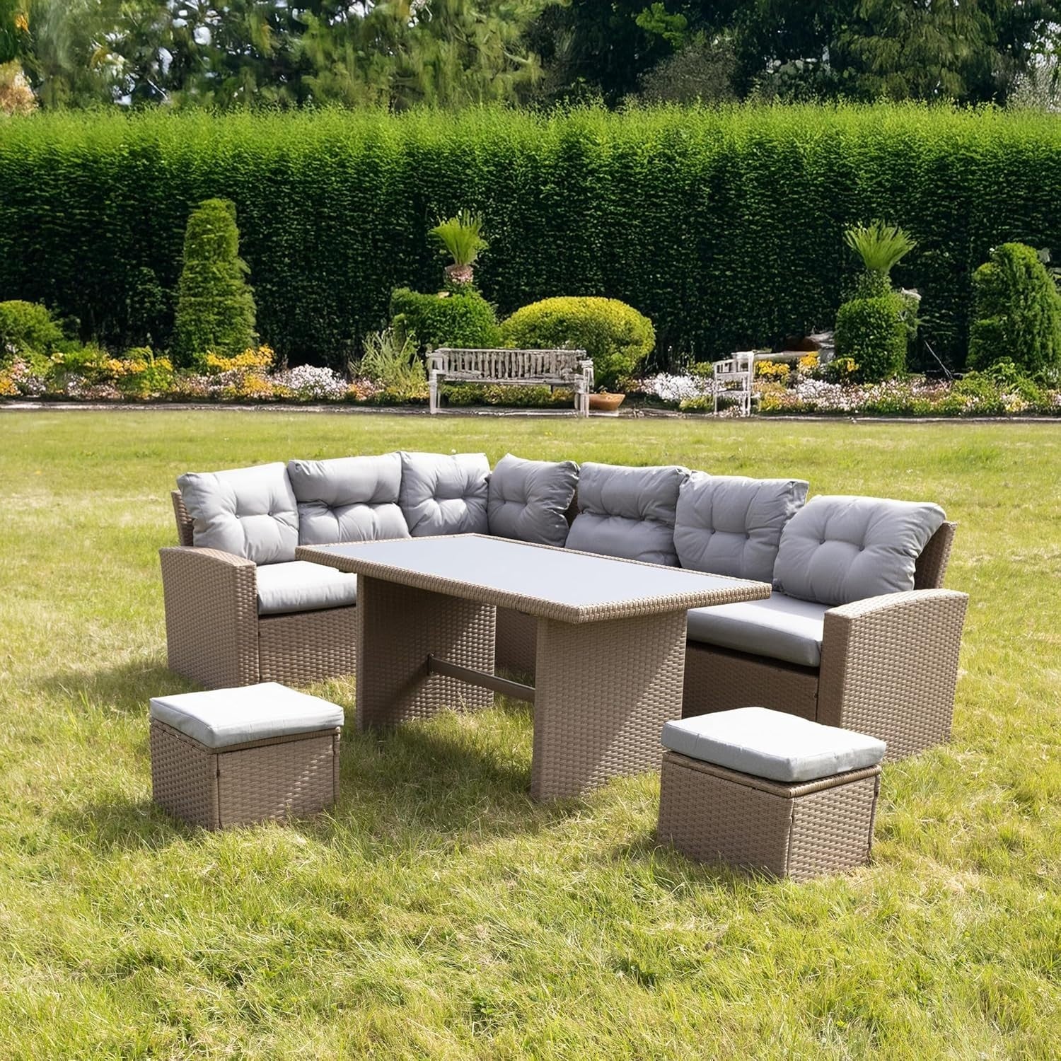 7 Seat Rattan Corner Sofa Dining Set w/ Cushions, Table & Footstools Outdoor