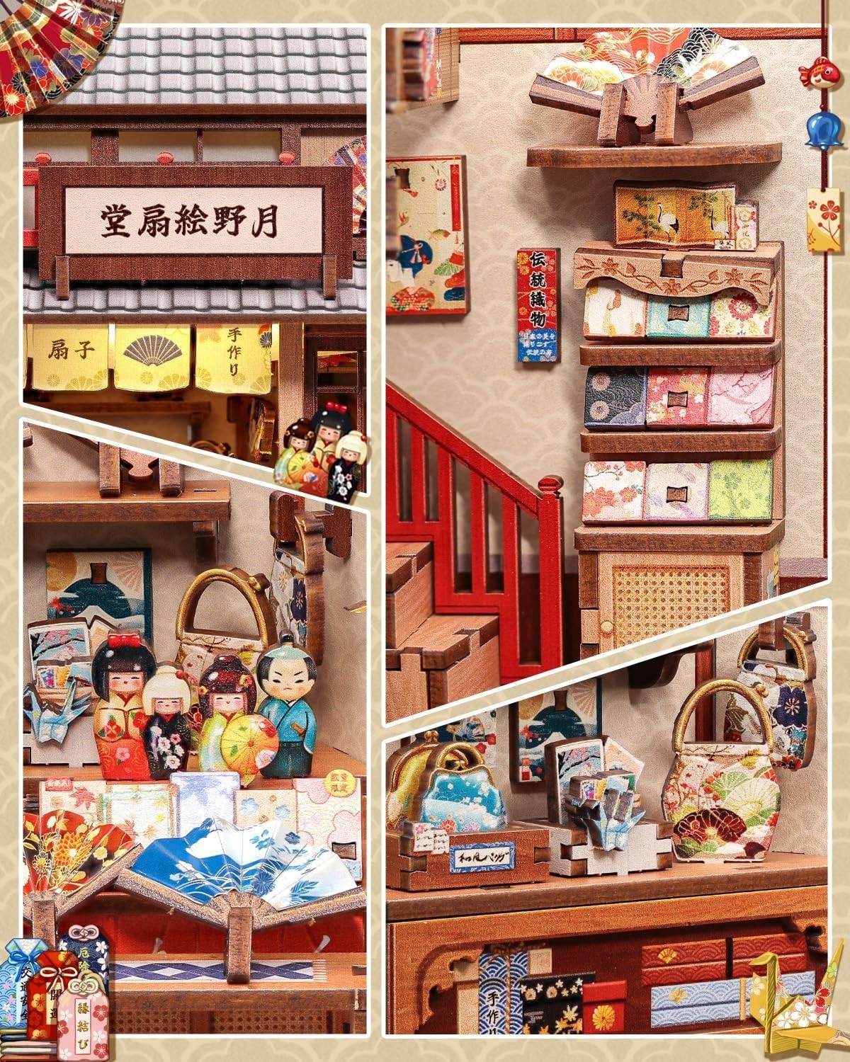 DIY Book Nook Kit Japanese Fan House LED Miniature Bookend Decor