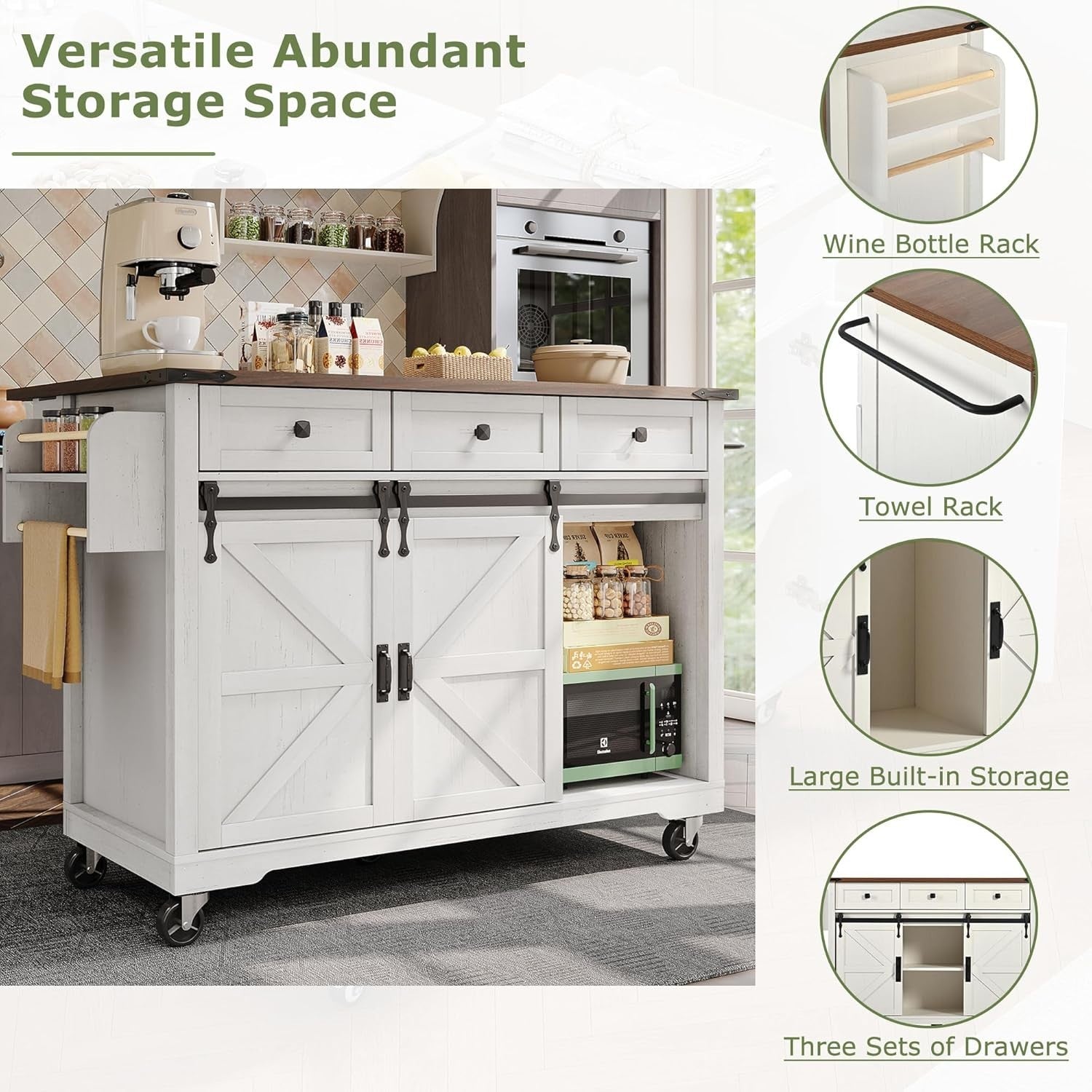 Kitchen Island Cart with Extendable Worktop, Sliding Doors & 3 Drawers