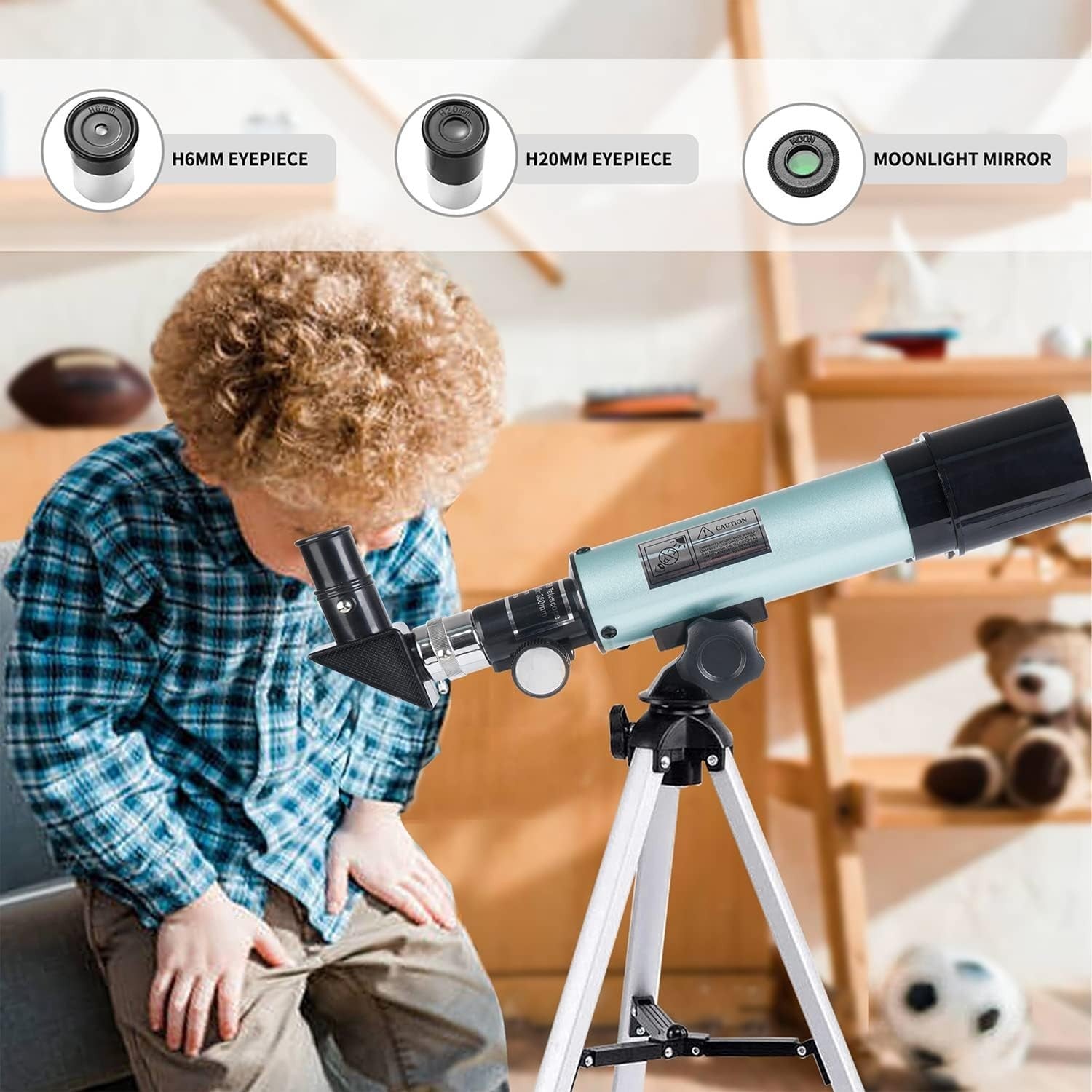 Kids 50mm Astronomical Telescope 90X Blue Refractor with Tripod Beginner Set