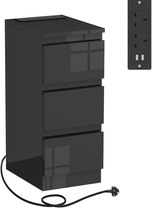 Black Bedside Table with USB Charging Ports, Slim 3-Drawer Narrow Nightstand